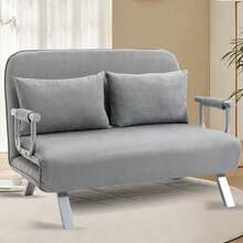 Fabric Convertible 2 Seater Sofa Bed W/ 2 Pillows For Living Room, Light Grey - Grey - View 8