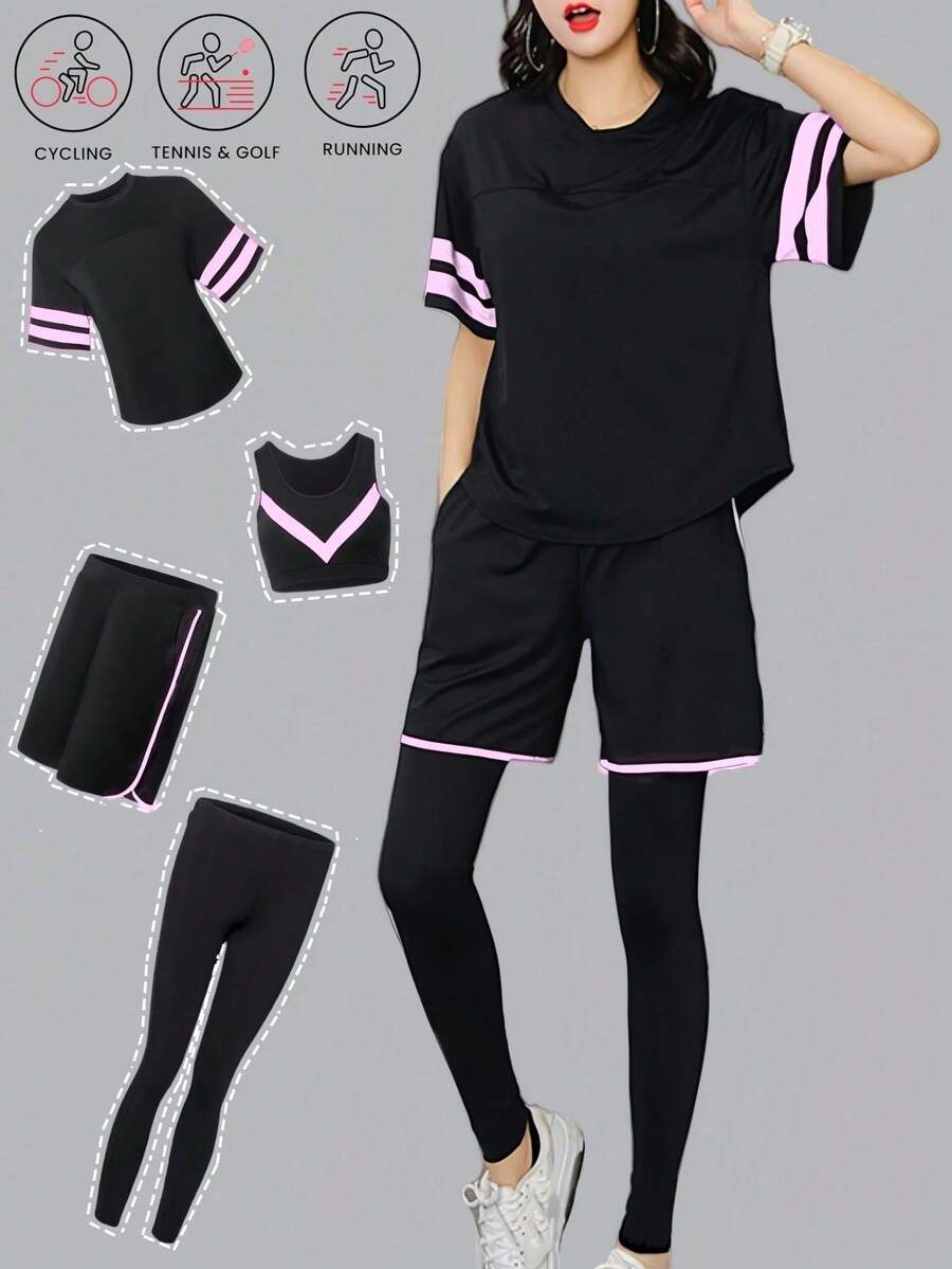 4 peças/Conjunto Monocromático Minimalista Roupa Esportiva de Ioga: Sutiã Esportivo, Camiseta Solta, Legging, Shorts Soltos Rosa Verão - Rosa chiclete - Visão 1