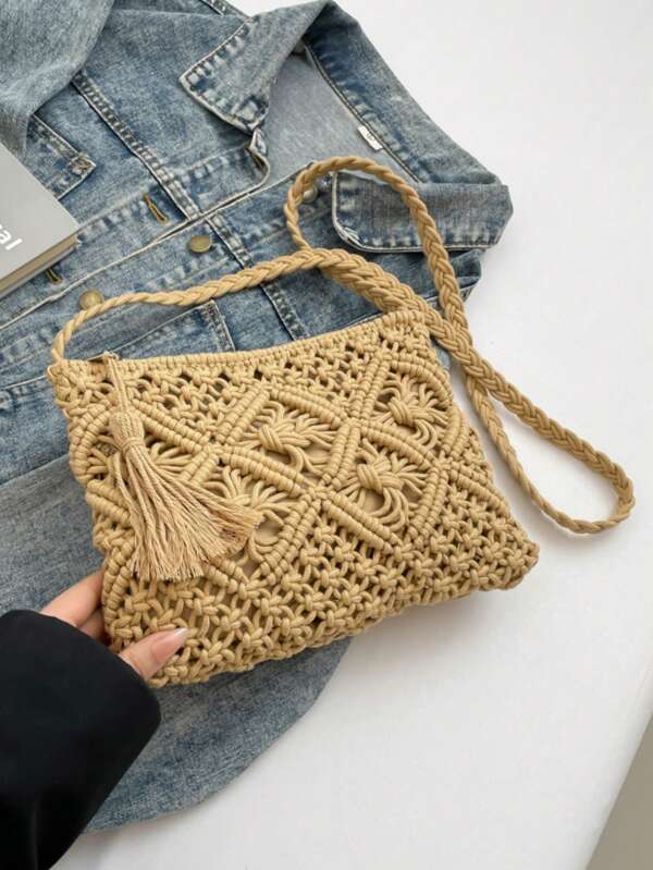 1pc Summer Handwoven Straw Crossbody Bag, Women New Hollow-Out Diamond Lattice Shoulder Bag, Indie Beach Vacation Flap Envelope Bag,