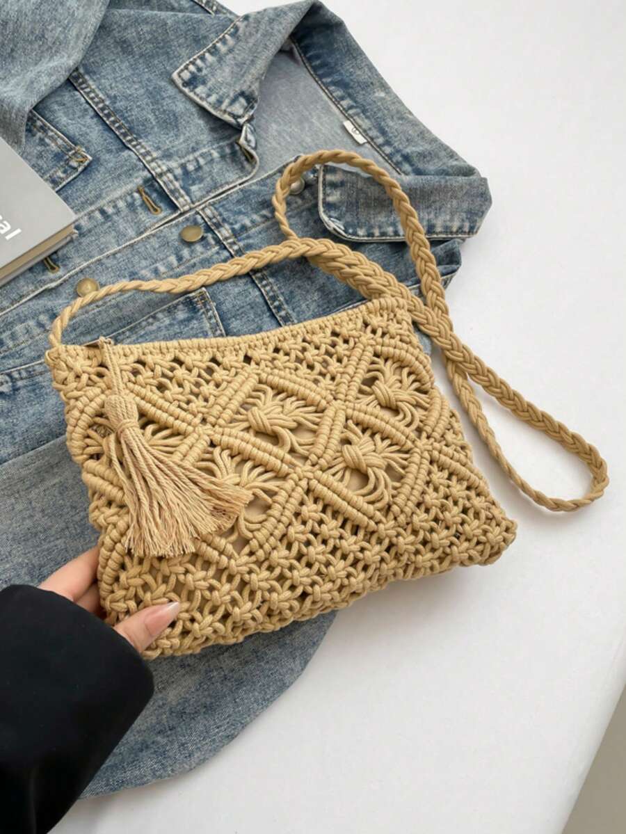 1 pieza Bolso bandolera de paja tejida a mano para verano, diseño hueco de rombos, bolso de hombro versátil, pequeño sobre cuadrado con flecos, de moda, adecuado para la playa, vacaciones - Caqui - Ver 1