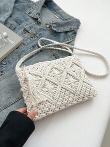 1pc Summer Straw Woven Crossbody Bag, Handmade Hollow Rhombus Retro Pattern Small Shoulder/Sling Bag, Beach Bag, Fringe Decor, Square/Envelope Style, Chic, Versatile, Vacation
