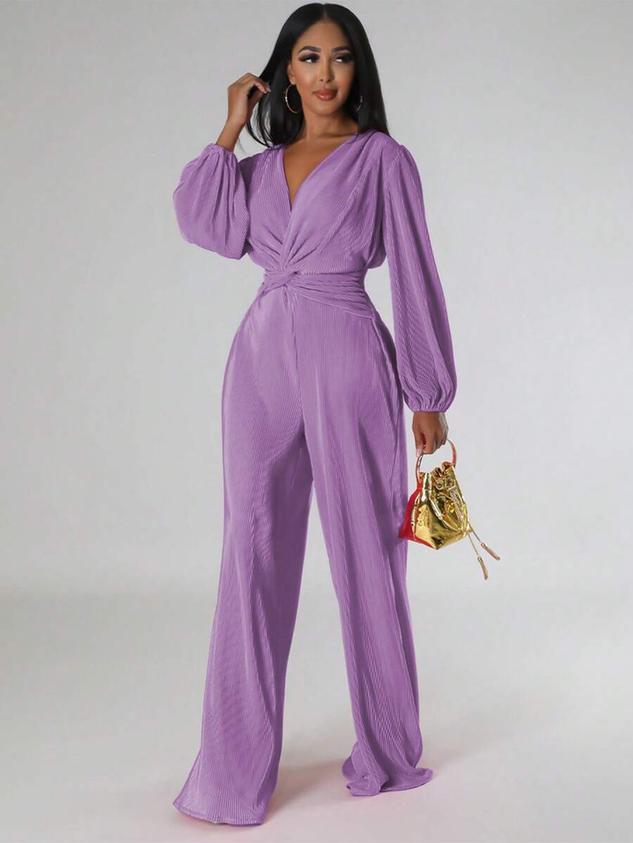 Salopetă cu decolteu în V, plisată, cu mânecă lungă și talie largă, cu pantaloni largi - Violet - Vizualizare 1
