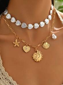 Set de 2 collares con colgante de concha marina para mujer, collar de metal dorado con perla artificial, accesorio versátil para uso diario, citas, fiestas y viajes