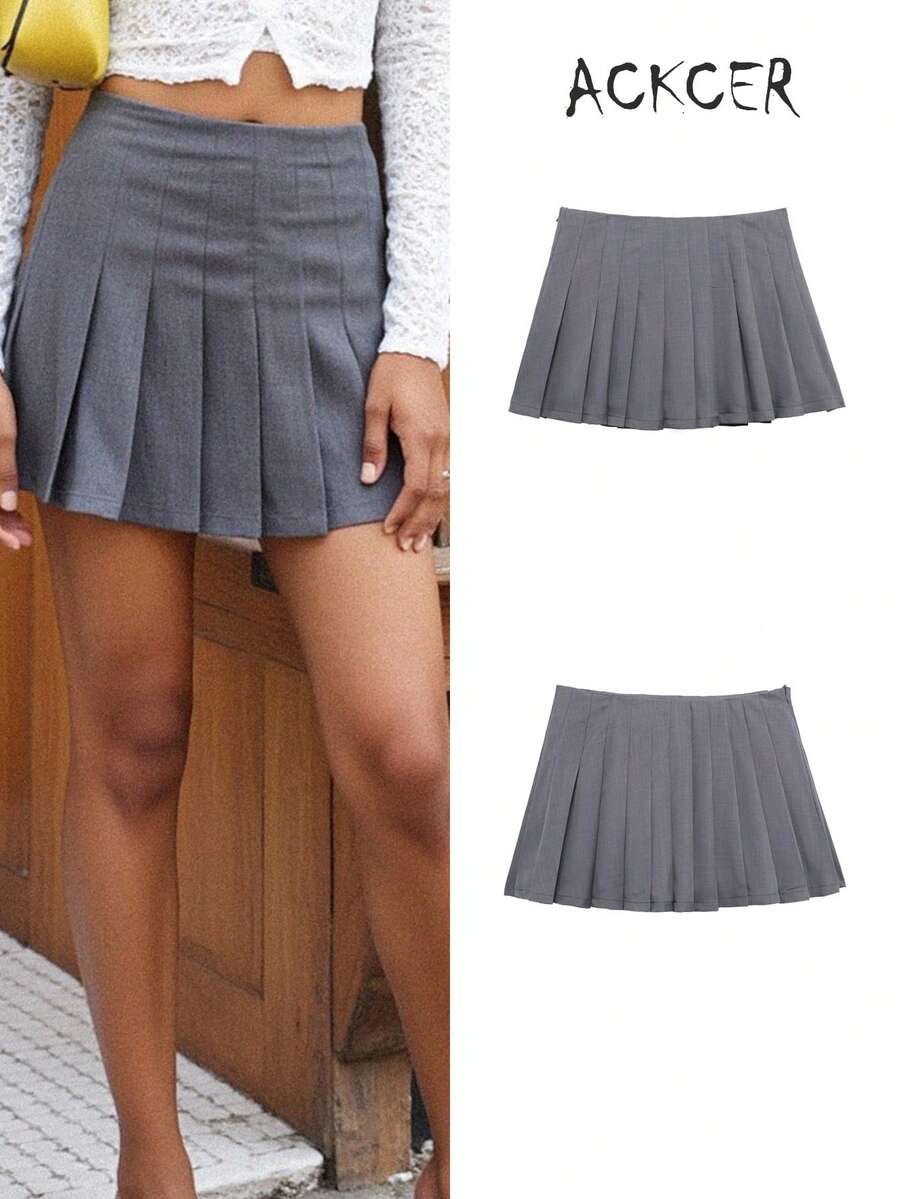 Falda plisada evasé informal estilizante para mujer - Gris - Ver 1