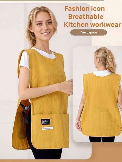 1 Pieza Delantal impermeable de unicolor, diseño bio con volantes, uniforme de trabajo en restaurante, viaje al aire libre, delantal holgado con múltiples bolsillos para mujer, adecuado para cocina, catering, cafetería, estilista, regalo para esposa, madre