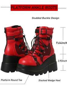 Gothic Platform Combat Boots Wedge Heel Lace Up Ankle Motorcycle Goth Rivet Buckle Fashion Women Booties Shoes - 紅色 - 查看 6