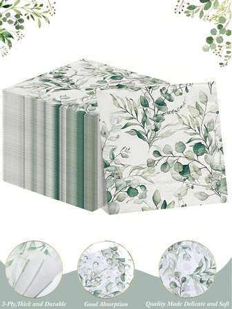 20张装 13*13英寸 一次性餐巾纸，度假绿色乡村印花，桉树叶纸，适用于烘焙、派对、婚礼、酒店、餐厅、节日装饰等场合。