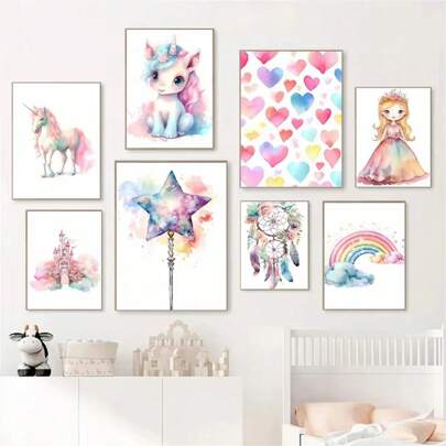 1 pieza/Set de 3 Pósteres de arte de pared con opción de marco, decoración de unicornio, castillo y niña en habitación, pintura en lienzo de princesa de dibujos animados con arcoíris, adecuado para decoración de pared en habitación de niños en jardín de infantes