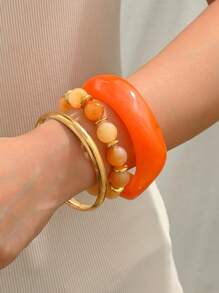 Set de 3 brazaletes asimétricos de resina con estampado geométrico y efecto tie dye, pulseras elásticas con cuentas y dijes para mujeres