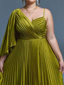 Mgiacy New Arrival V Neck One Shoulder Elegant Bridesmaid Dress Toothpick Pleat High Slit Asymmetrical Satin Long Dress Party - Olive Green - View 5