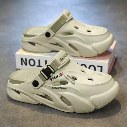 男士新款字母印花沙滩派对中国风街头EVA休闲拖鞋，透气，适合户外/室内，四季皆宜