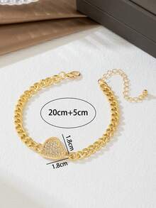 1pc Metal Beach Style Thick Chain Rhinestone Heart Pendant Anklet, Daily Wear & Beach Jewelry For Women - Yellow Gold - View 6