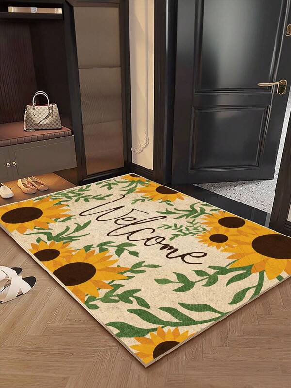 1 pezzo di zerbino con stampa a girasole e lettera di benvenuto, antiscivolo e resistente alle macchie, adatto per la decorazione di casa, soggiorno, bagno, camera da letto, zerbino, tappeto da zona e tappeto da esterno, realizzato in fibra di poliestere, facile da pulire e lavabile in lavatrice, adatto per tutte le stagioni e le festività.