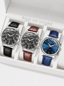 3 PiecesMen's PU Leather Strap Fashion Business Mixed Scale Quartz Watch Set Suitable For Daily Wear Decoration Or Holiday Gifts
