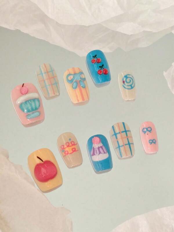10Pcs Pieces Of Handmade Square Press-On Nails In Macaron Colors, Featuring Cute Patterns Like Small Cakes, Little Apples, And Cherries... Each Finger Is Adorned With Cuteness, Removable And Reusable, Suitable For Daily Use And Festive Parties For Women With Different Styles.