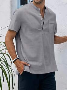 Camisa casual de manga corta con botones y patrón de monedas vintage retro para hombres, versátil para todas las estaciones, uso diario - Gris - Ver 5