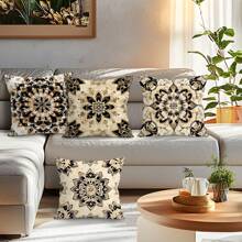 4pcs Mandala Print Decorative Cushion Cover Set, Single-Sided Printed Pillow Protector 45*45cm, Peach Velvet