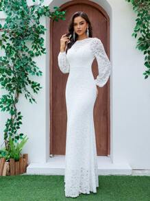 Vestido de Noiva Feminino de Gola Redonda, Mangas Longas, Mangas Trompete, Alças Largas Costas Abertas, Comprimento até o Chão, Vestido de Festa Elegante