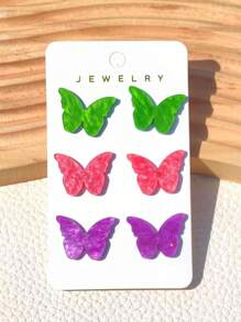3 pares de aretes tipo mariposa de acrílico en colores brillantes surtidos, con un toque de brillo, apropiados como regalo para mujeres jóvenes y parejas