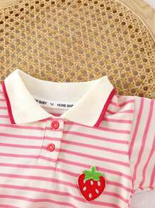 Vestido-camiseta de punto con cuello polo, estampado de rayas y bordado de fresa, ideal para exterior, sesiones de fotos, uso diario, escuela, imprescindible para primavera y verano para niñas