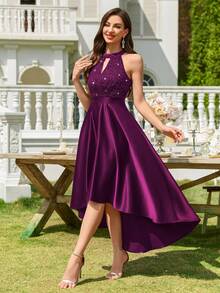 MIUSOL Halter Neck Sequin Floral Lace Contrast Satin High-Low Hem Evening Party Long Dress, Formal Evening Gown, Prom Dress, For Wedding Guest, Graduation, Dinner