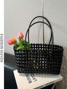 Hollow Straw Beach Bag, Woven Picnic Basket Tote, Women Casual Vacation Handbag - Multicolor - View 11