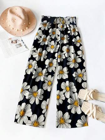 Women's Floral Allover Print Bowknot Loose Wide Leg Pants For Summer Holiday