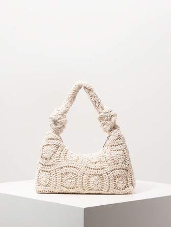 Blumige, Cut Out, gehäkelte, handgefertigte gewebte Handtasche, Häkelset, bohemian Strohtasche für den Strand, Reiseaccessoires, Damen Urlaubsoutfits (Muster zufällig)
