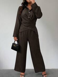 Women Plus Size Long Sleeve Layered Texture Linen Look Shirt And Pants Set - Brown - View 1