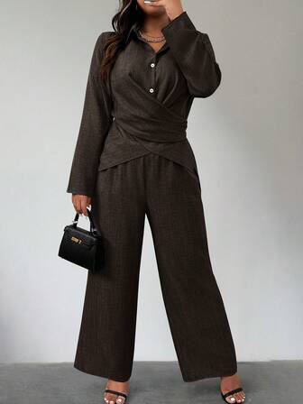 Women Plus Size Long Sleeve Layered Texture Linen Look Shirt And Pants Set
