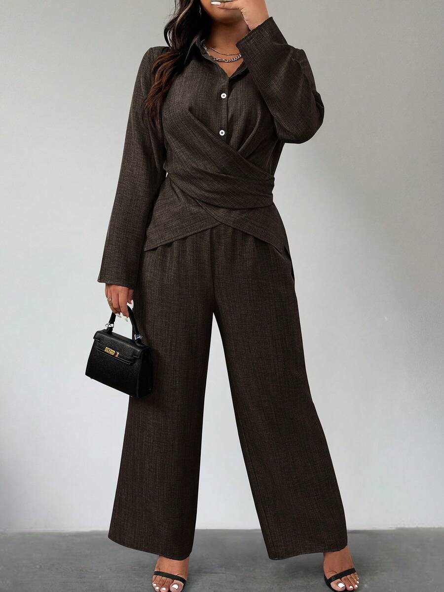 Women Plus Size Long Sleeve Layered Texture Linen Look Shirt And Pants Set - Brown - View 1