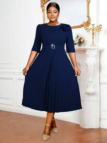 Plus Size Easter Crewneck Half Sleeve 3D Flower Buckle Pleated A-Line Work Elegant Dresses For Birthday, Wedding Guest, Graduation, Dinner, Homecoming - 藏藍 - 查看 6