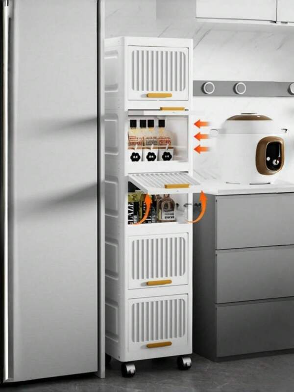 1 Stück Schlanker, hoher Badezimmerschrank mit Türen und Regalen, 4-stöckiger schmaler Badezimmerschrank-Organizer, beweglich und freistehend, Leinenturm-Schrank für kleine Räume, Küche, Wohnzimmer, weiß
