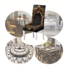 1/4/5/6/7 piezas Juego de 5/7 piezas, Juego de Mantel y Fundas de Silla, (1 Mantel + 4 Fundas de Silla o 1 Mantel + 6 Fundas de Silla) Fundas de Silla con Estampado Retro Moderno y Creativo, Adecuado para Decoración Diaria de Interior, Hogar, Restaurante, Hotel. Mantel Apto para Mesas Cuadradas, Fundas de Silla Elásticas Lavables