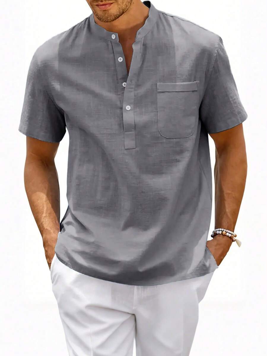 Camisa casual de manga corta con botones y patrón de monedas vintage retro para hombres, versátil para todas las estaciones, uso diario - Gris - Ver 1