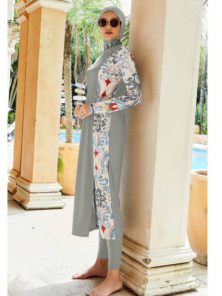 女士三件套布基尼阿拉伯图案拼色中性泳衣，防晒全覆盖冲浪潜水泳装