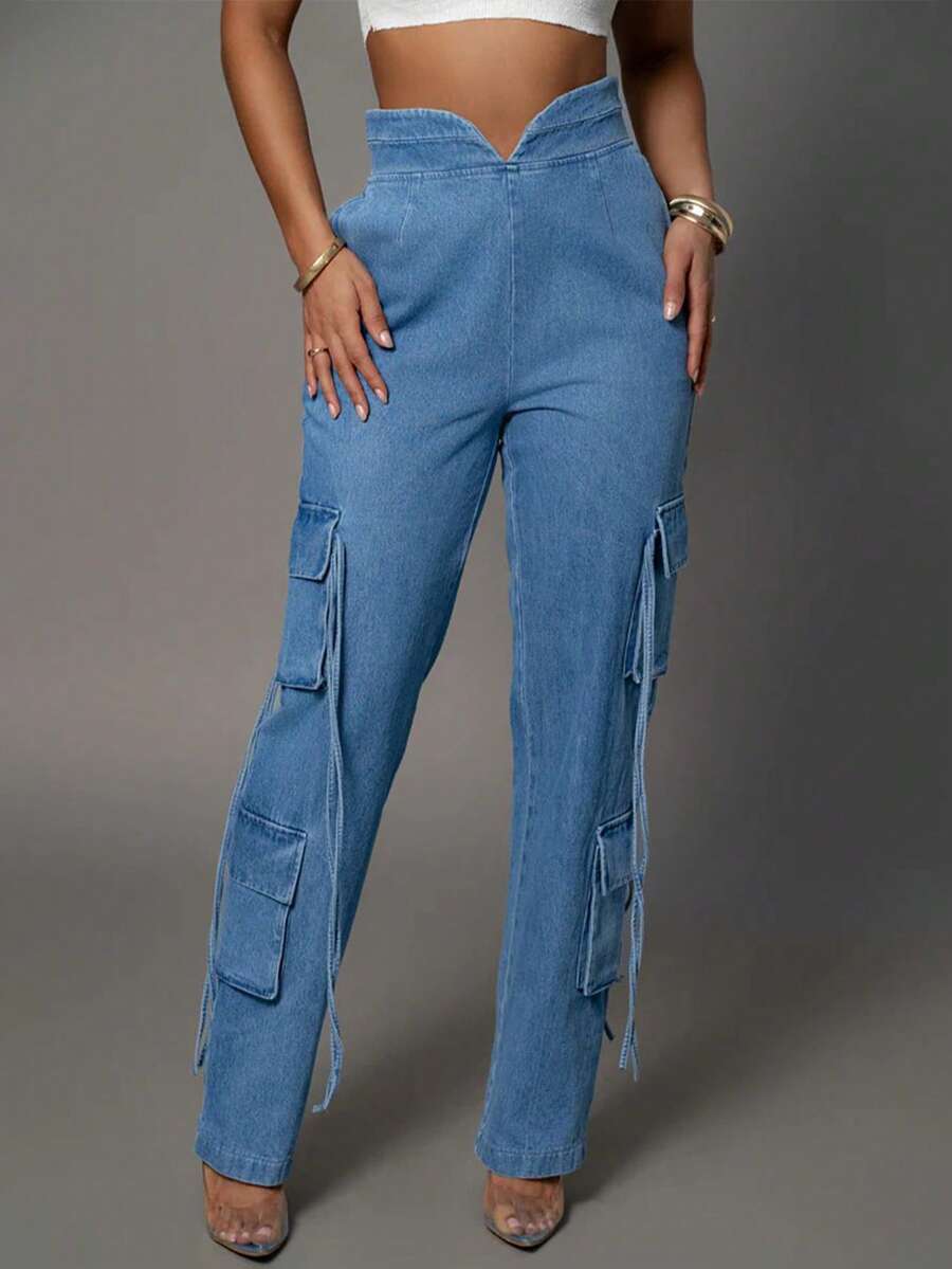 Pantalones de pierna ancha con cintura alta, efecto lavado, con volantes y cordón en estilo de moda callejera europea y americana