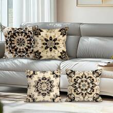 4pcs Mandala Print Decorative Cushion Cover Set, Single-Sided Printed Pillow Protector 45*45cm, Peach Velvet