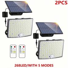 1/2pcs Solar Lights, [268LED/5 Modes/] 16.4ft Extension Cable Super Bright Motion Sensor, With The Latest 3 Bright Always-On Light Modes From Dusk To Dawn, Remote Control, IP65 Waterproof, LED Solar Lights Suitable For Garden Patio Courtyard Garage Corridor