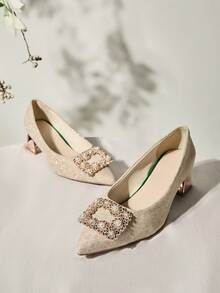 新款女士法式低跟粗跟高跟鞋，尖头新娘婚鞋，春秋季圣诞节冬季圣诞礼物 - 香檳色 - 查看 1