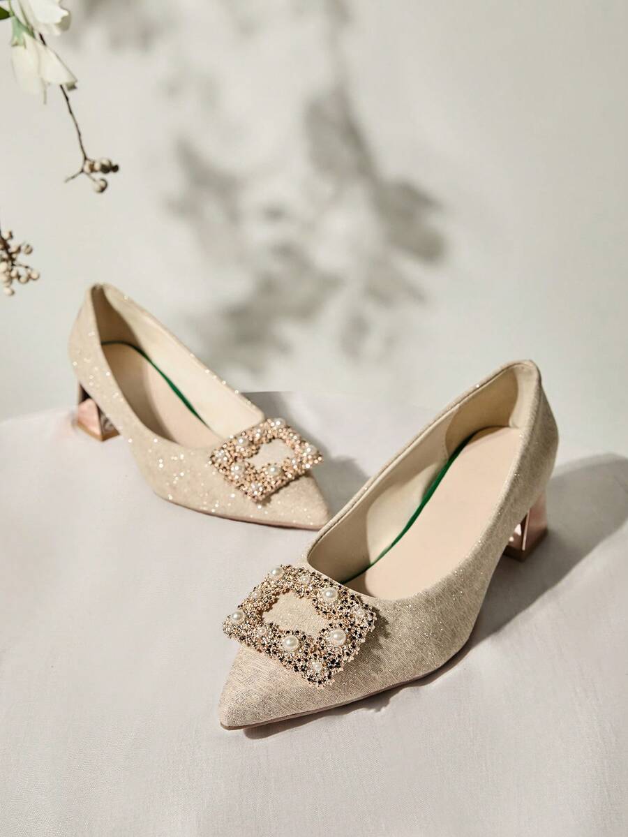 新款女士法式低跟粗跟高跟鞋，尖头新娘婚鞋，春秋季圣诞节冬季圣诞礼物 - 香檳色 - 查看 1