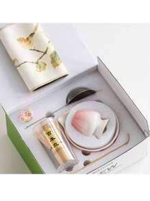 Summer Cherry Blossom Pink Matcha Tea Set, Includes Bamboo Tea Brush + Imitation Song Dynasty Tea Utensil, 8pcs Gift Box Set, Essential For Tea Lovers, Tea Ceremony Tools, Japanese Tea Ware Back To School