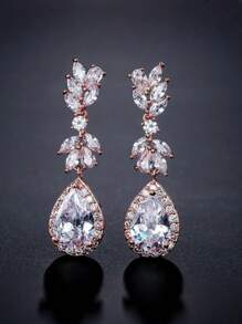 2pcs/Set Fully Rhinestone Embedded Geometric Teardrop Cubic Zirconia Dangle Earrings, Women's Formal Dress Accessories