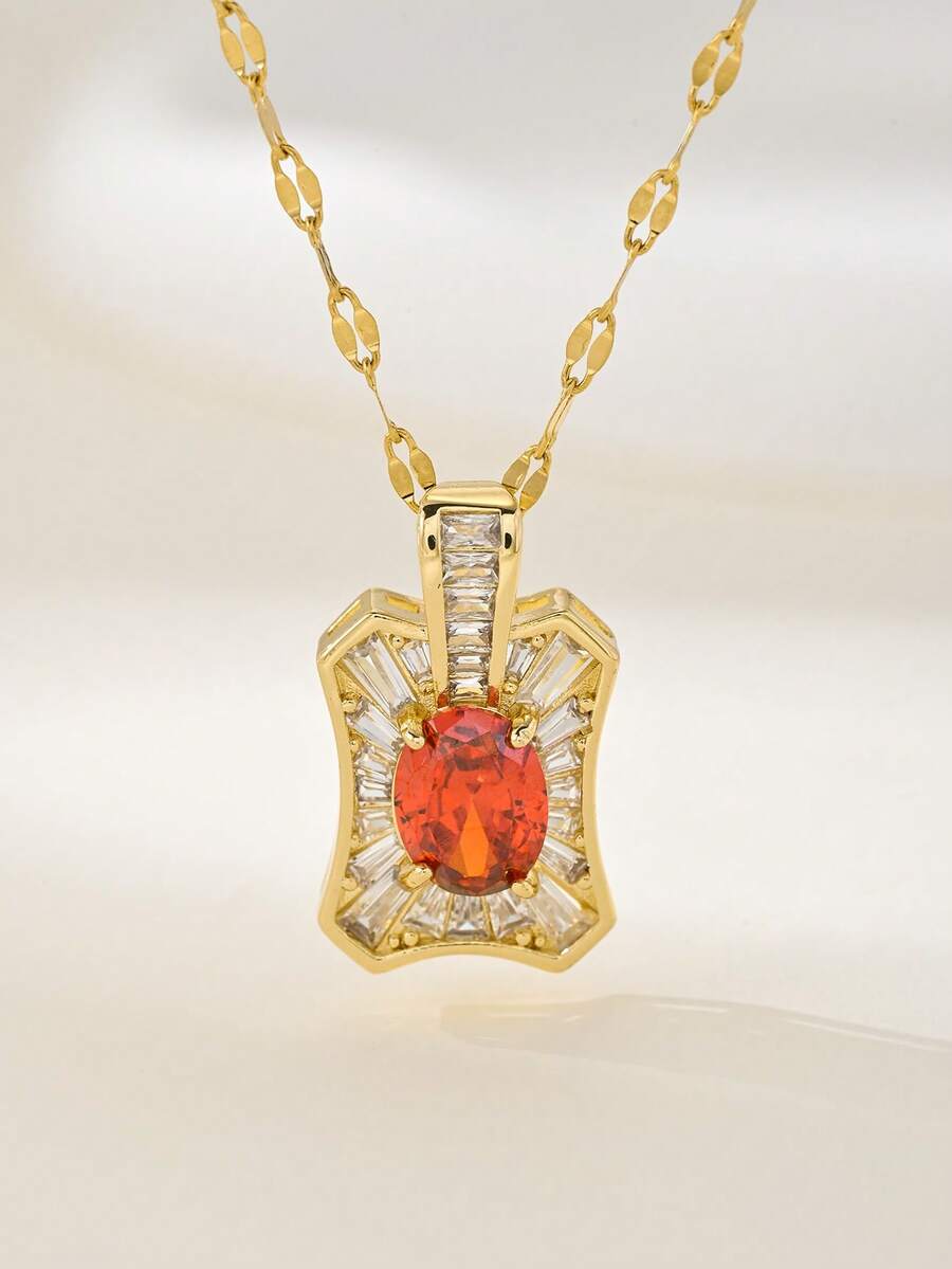 1pc Gold Luxury Rhinestone Geometric Pendant Necklace, Fashionable & Personalized, Suitable For Party, Wedding, Gift - Yellow Gold - View 1