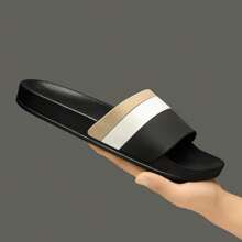 2024 新款厚底条纹男士室内/室外拖鞋，防滑家居浴室，时尚情侣拖鞋，加大码 47 - 黑卡其 - 查看 8