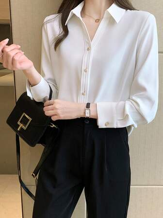 女士纯色前扣长袖衬衫，优雅通勤，春夏季