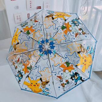 pokemon 1 pieza Paraguas plegable transparente con diseños de personajes de Pokemon a todo color incluyendo Pikachu, Eevee, Charizard, etc. Liviano y portátil, con protección UV, adecuado para niños y fans del anime, un producto práctico y divertido que combina educación y moda.
