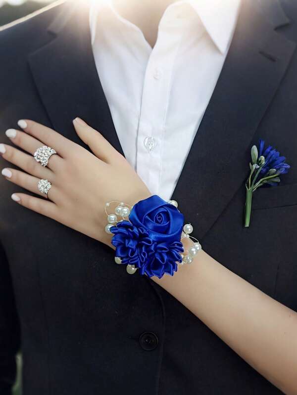1pc Women Wrist Flower Bridesmaid Bride Wedding Bracelet, Artificial Red Rose And Sunflower Party Hand Chain Decoration