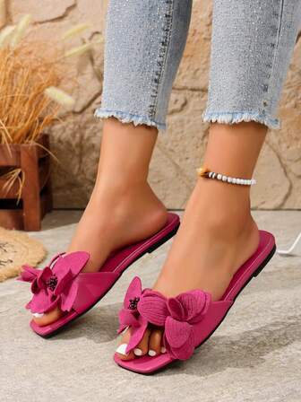 1 Pair Women Flower Print Flat Sandals, Cute Embellished Slip On Beach Party & Casual Wear Flat Shoes, Suitable For Summer & Spring/Autumn
