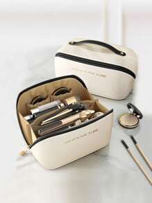 Large Capacity Travel Makeup Bag, Made Of PU, Stylish & Appearance, Portable Handheld Storage, Multifunctional Toilet Pouch